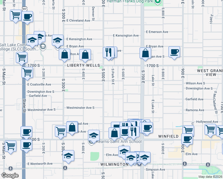 map of restaurants, bars, coffee shops, grocery stores, and more near 1812 South Park Street East in Salt Lake City