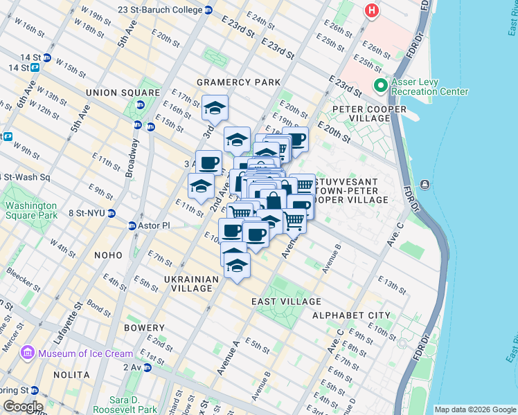 map of restaurants, bars, coffee shops, grocery stores, and more near 221 1st Avenue in New York