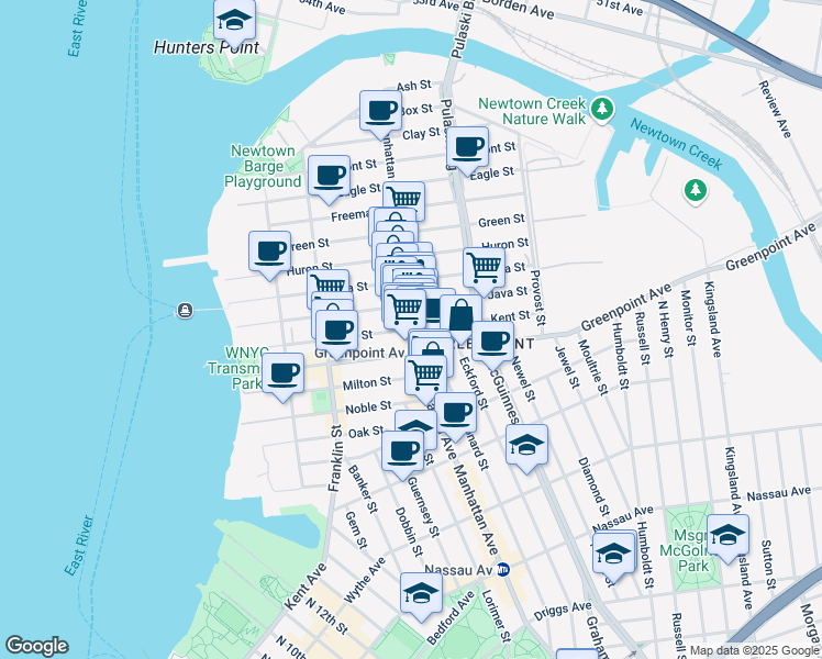 map of restaurants, bars, coffee shops, grocery stores, and more near Manhattan Avenue & Kent Street in Brooklyn