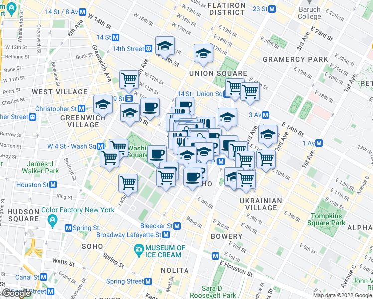map of restaurants, bars, coffee shops, grocery stores, and more near 58 East 8th Street in New York