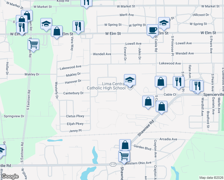 map of restaurants, bars, coffee shops, grocery stores, and more near 2812 Chapel Hill Drive in Lima