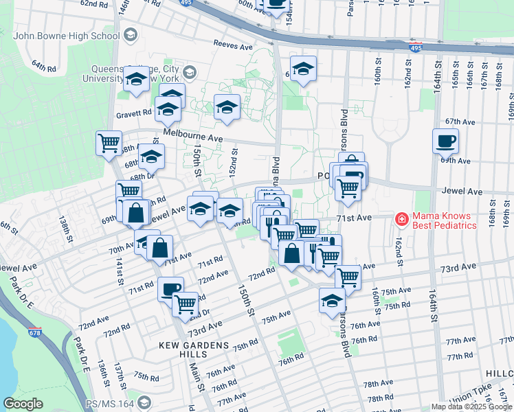 map of restaurants, bars, coffee shops, grocery stores, and more near 153rd Street in Queens