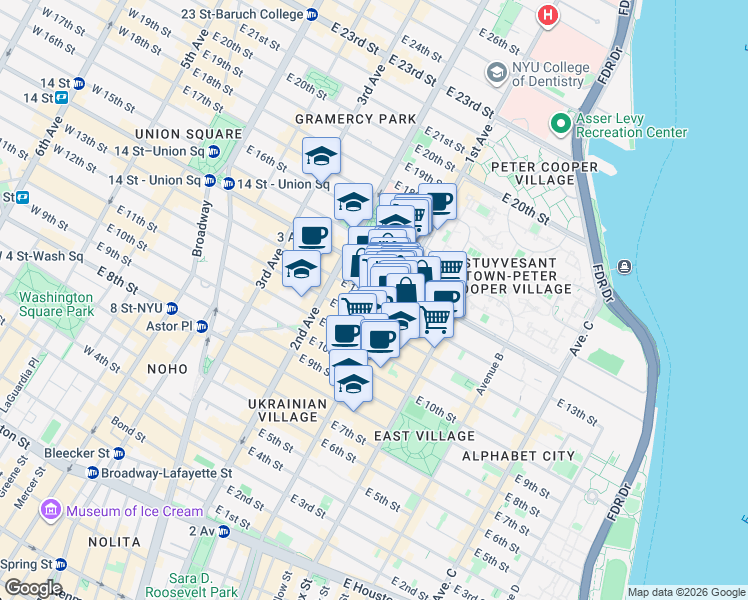 map of restaurants, bars, coffee shops, grocery stores, and more near 341 East 13th Street in New York