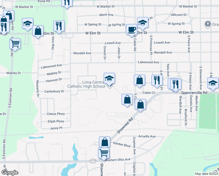 map of restaurants, bars, coffee shops, grocery stores, and more near 720 South Cable Road in Lima
