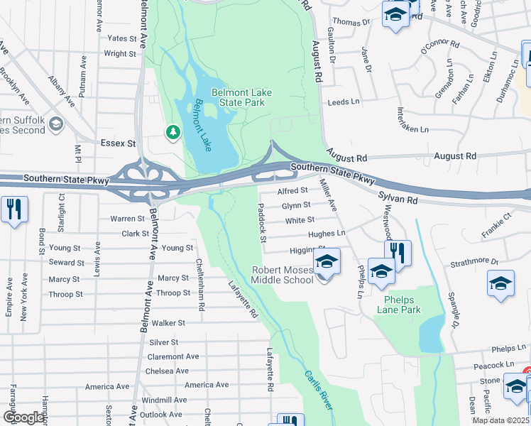 map of restaurants, bars, coffee shops, grocery stores, and more near 312 Glynn Street in North Babylon