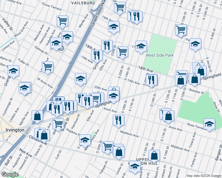 map of restaurants, bars, coffee shops, grocery stores, and more near 366 21st Street in Irvington