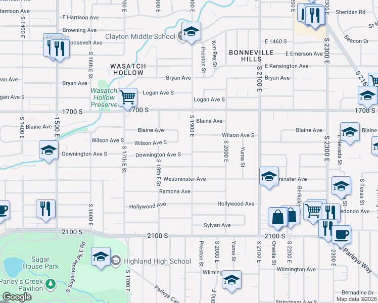 map of restaurants, bars, coffee shops, grocery stores, and more near 1816 South 19th East in Salt Lake City