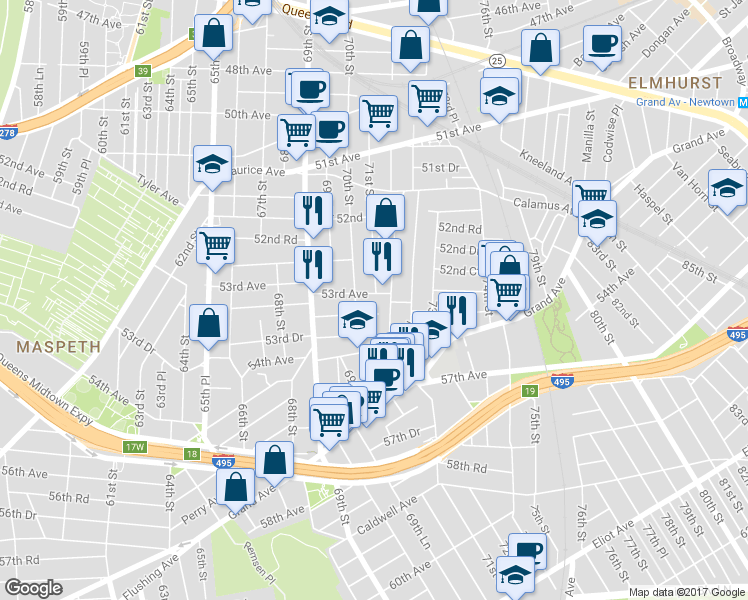 map of restaurants, bars, coffee shops, grocery stores, and more near 70-20 53rd Avenue in Queens