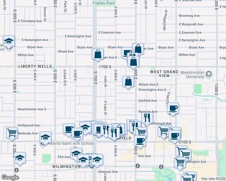 map of restaurants, bars, coffee shops, grocery stores, and more near 1804 800 East in Salt Lake City