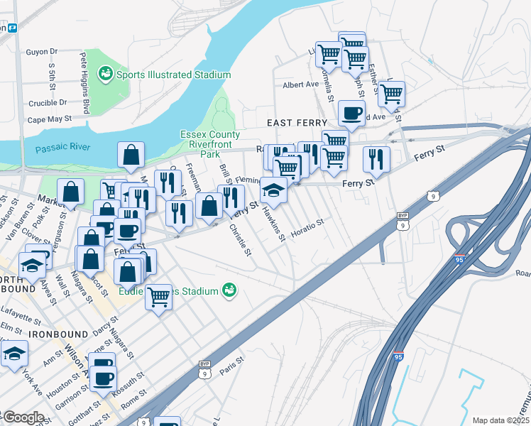map of restaurants, bars, coffee shops, grocery stores, and more near 15 Hawkins Street in Newark