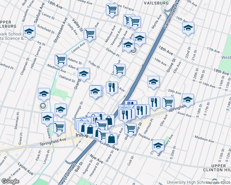 map of restaurants, bars, coffee shops, grocery stores, and more near 150 Myrtle Avenue in Irvington
