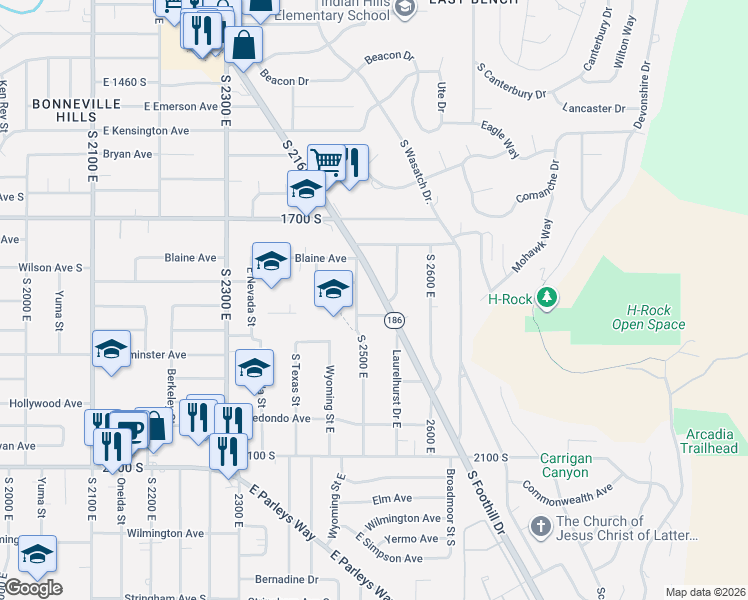 map of restaurants, bars, coffee shops, grocery stores, and more near 1809 South 2500 East in Salt Lake City