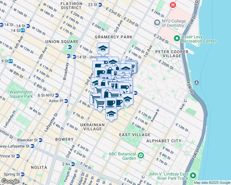 map of restaurants, bars, coffee shops, grocery stores, and more near 324 East 13th Street in New York