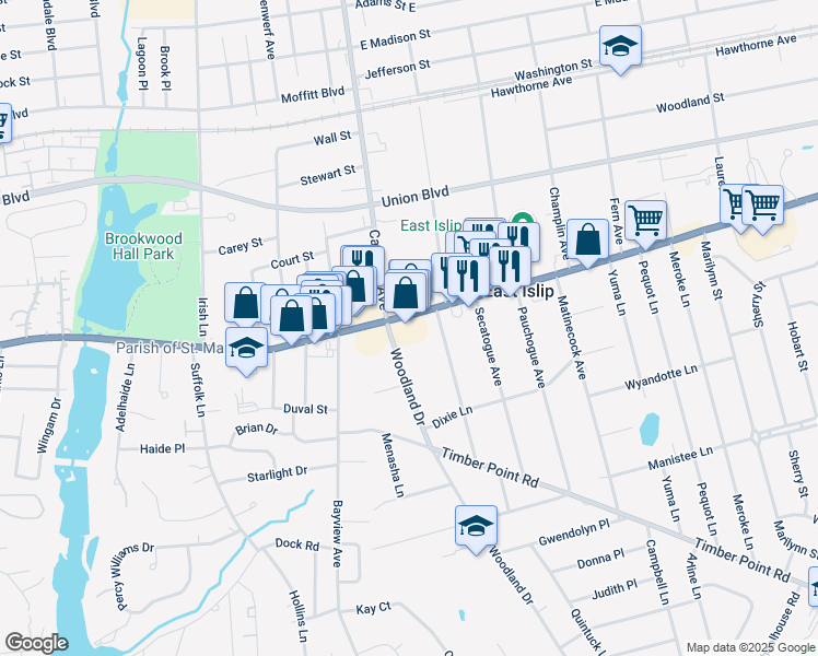 map of restaurants, bars, coffee shops, grocery stores, and more near 34 East Main Street in East Islip
