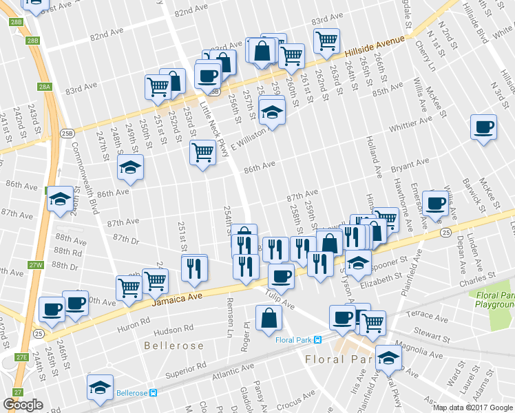 map of restaurants, bars, coffee shops, grocery stores, and more near 255-14 87th Avenue in Queens