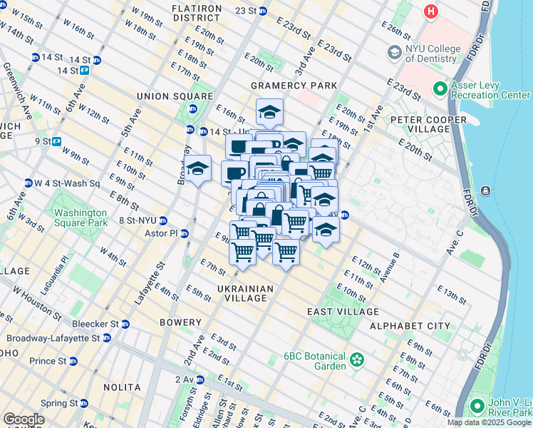 map of restaurants, bars, coffee shops, grocery stores, and more near 181 2nd Avenue in New York