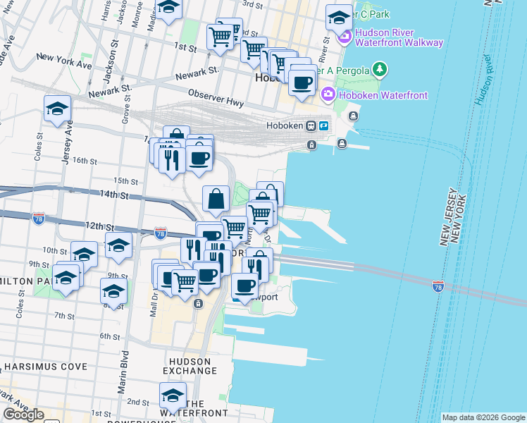 map of restaurants, bars, coffee shops, grocery stores, and more near 2 Shore Lane in Jersey City