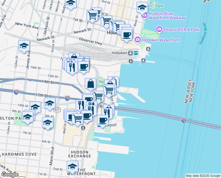 map of restaurants, bars, coffee shops, grocery stores, and more near 2 Shore Lane in Jersey City