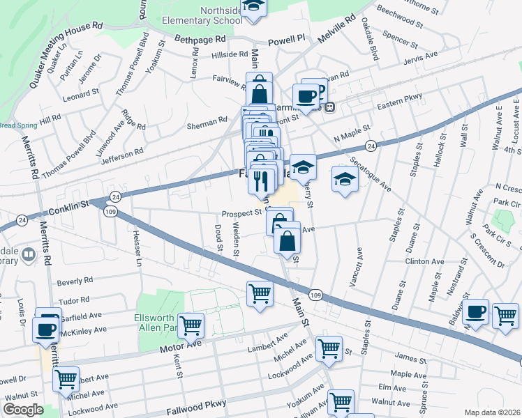 map of restaurants, bars, coffee shops, grocery stores, and more near 360 Main Street in Farmingdale
