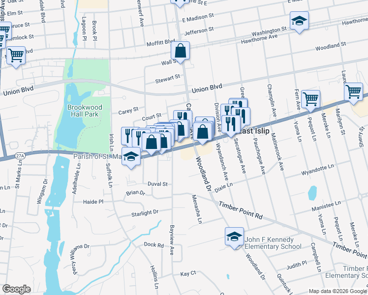 map of restaurants, bars, coffee shops, grocery stores, and more near 6 West Main Street in East Islip