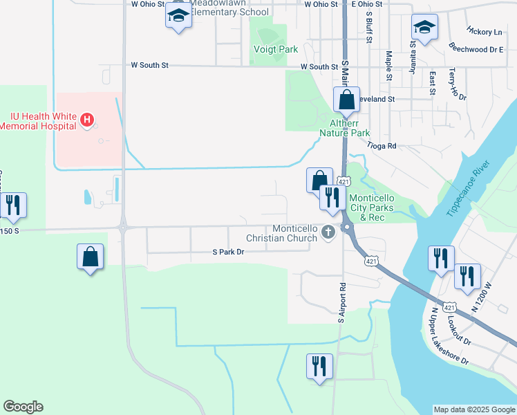 map of restaurants, bars, coffee shops, grocery stores, and more near 209 Sandalwood Drive in Monticello