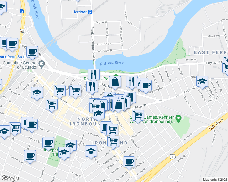 map of restaurants, bars, coffee shops, grocery stores, and more near 592 Market Street in Newark