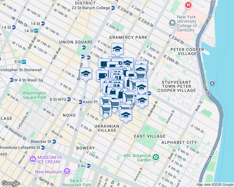 map of restaurants, bars, coffee shops, grocery stores, and more near 2nd Avenue in New York