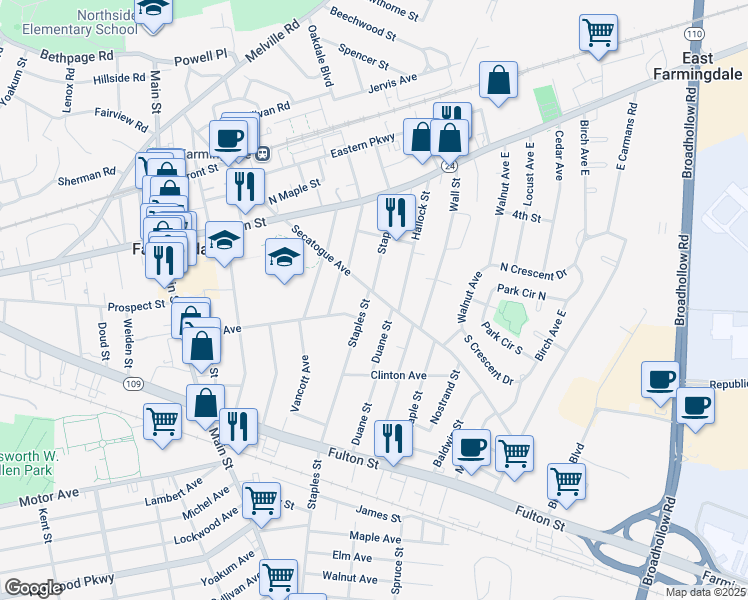 map of restaurants, bars, coffee shops, grocery stores, and more near 386 Secatogue Avenue in Farmingdale
