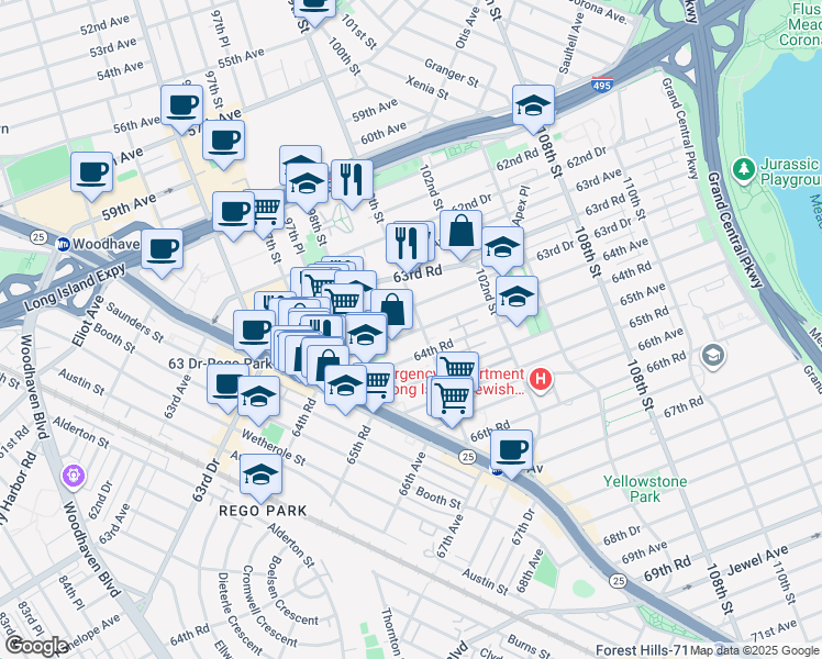 map of restaurants, bars, coffee shops, grocery stores, and more near 9851 64th Avenue in Queens