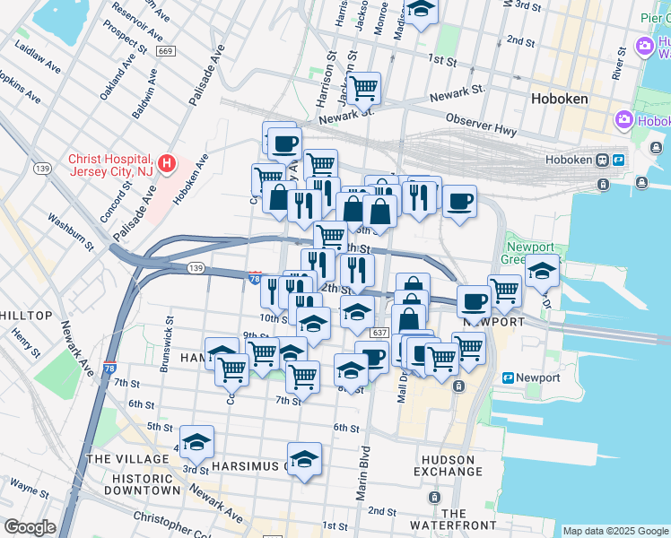 map of restaurants, bars, coffee shops, grocery stores, and more near 575 Manila Avenue in Jersey City