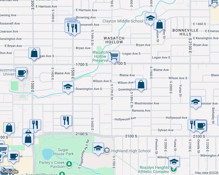 map of restaurants, bars, coffee shops, grocery stores, and more near 1685 Downington Avenue South in Salt Lake City