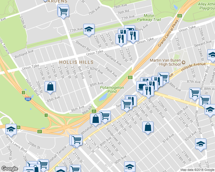 map of restaurants, bars, coffee shops, grocery stores, and more near 218-21 Grand Central Parkway in Queens