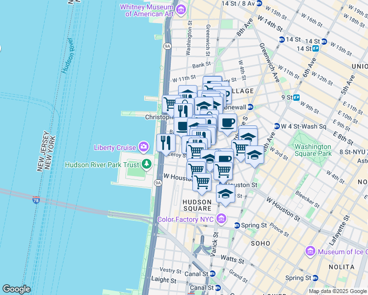 map of restaurants, bars, coffee shops, grocery stores, and more near 6 Morton Street in New York
