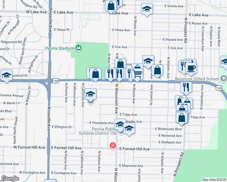 map of restaurants, bars, coffee shops, grocery stores, and more near 620 East Paris Avenue in Peoria