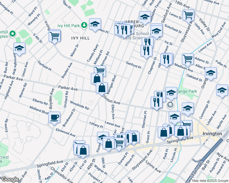 map of restaurants, bars, coffee shops, grocery stores, and more near 101 Ellery Avenue in Irvington