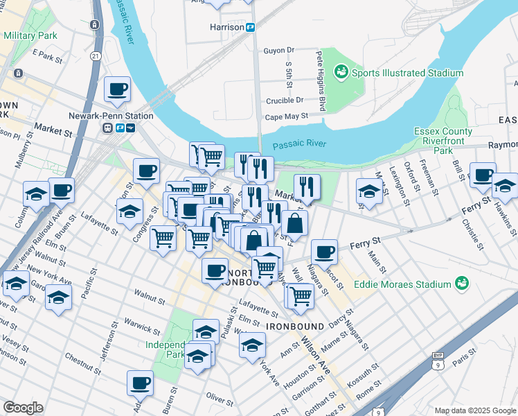 map of restaurants, bars, coffee shops, grocery stores, and more near 47 Van Buren Street in Newark