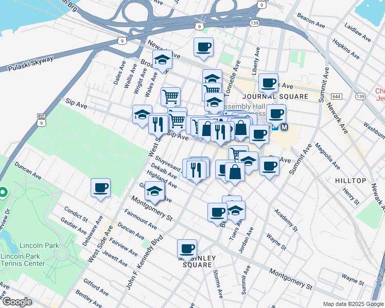 map of restaurants, bars, coffee shops, grocery stores, and more near 38 Romaine Avenue in Jersey City