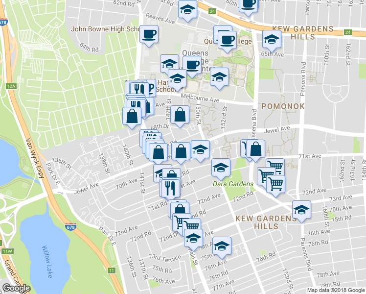 map of restaurants, bars, coffee shops, grocery stores, and more near 147-11 Jewel Avenue in Queens