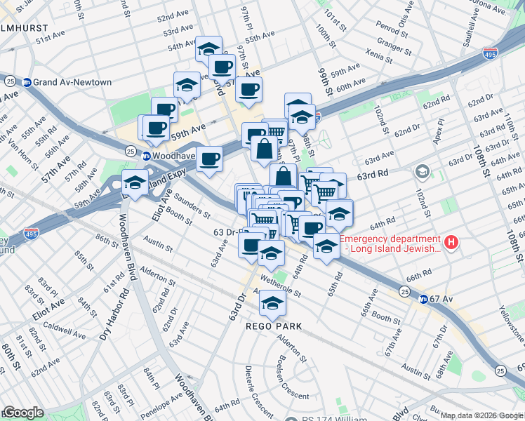 map of restaurants, bars, coffee shops, grocery stores, and more near 96-24 Junction Boulevard in Queens