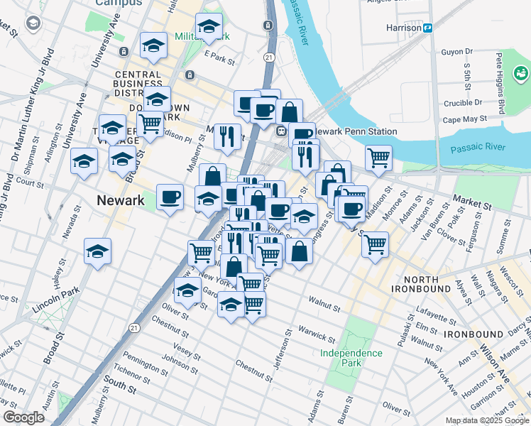 map of restaurants, bars, coffee shops, grocery stores, and more near 58 Bruen Street in Newark