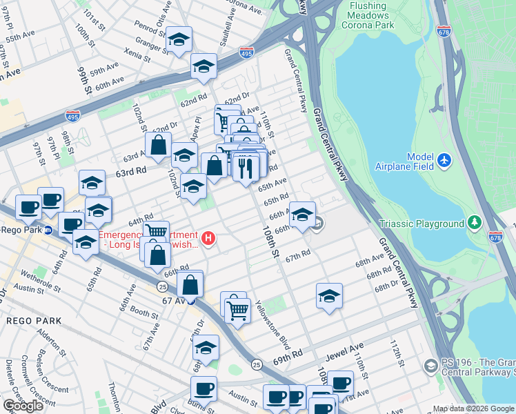 map of restaurants, bars, coffee shops, grocery stores, and more near 65-40 108th Street in Queens