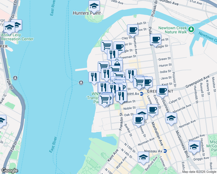 map of restaurants, bars, coffee shops, grocery stores, and more near 122 West Street in Brooklyn