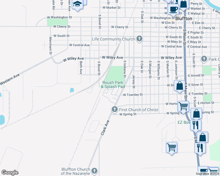 map of restaurants, bars, coffee shops, grocery stores, and more near 924-998 East Silver Street in Bluffton