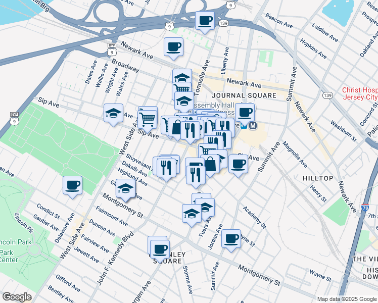 map of restaurants, bars, coffee shops, grocery stores, and more near 2779 John F. Kennedy Boulevard in North Bergen