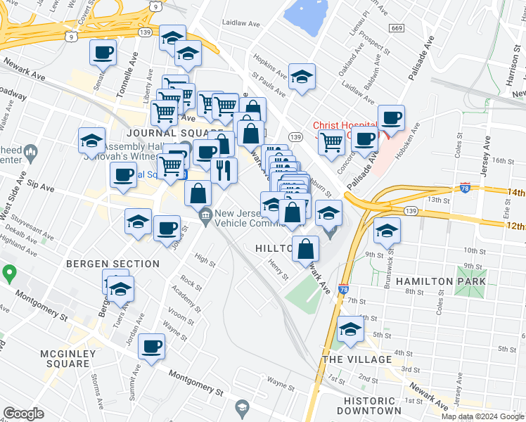 map of restaurants, bars, coffee shops, grocery stores, and more near 267 Baldwin Avenue in Jersey City