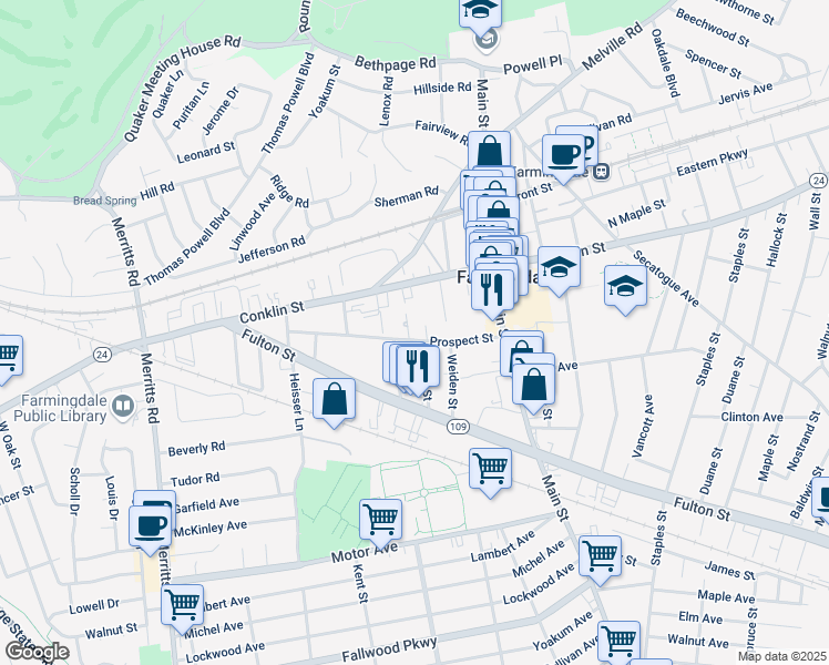 map of restaurants, bars, coffee shops, grocery stores, and more near 165 Prospect Street in Farmingdale