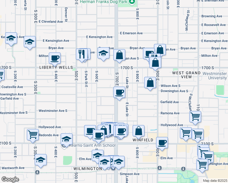 map of restaurants, bars, coffee shops, grocery stores, and more near 1810 700 East in Salt Lake City