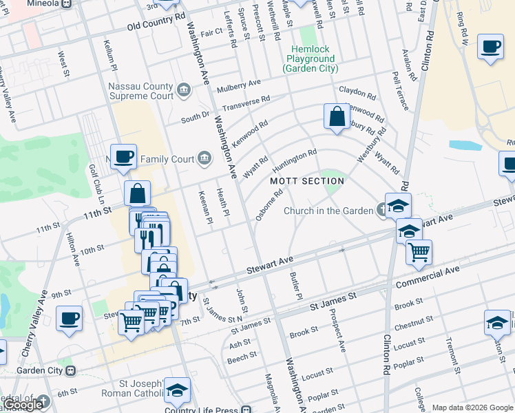map of restaurants, bars, coffee shops, grocery stores, and more near 15 Osborne Road in Garden City