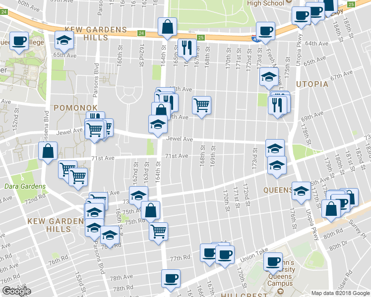 map of restaurants, bars, coffee shops, grocery stores, and more near 70-21 166th Street in Queens