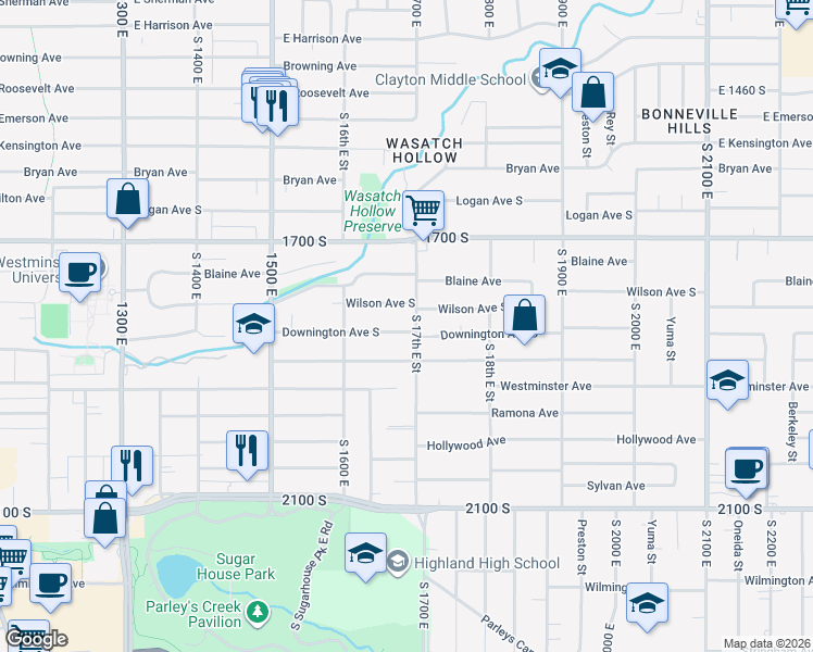 map of restaurants, bars, coffee shops, grocery stores, and more near 1685 Downington Avenue South in Salt Lake City
